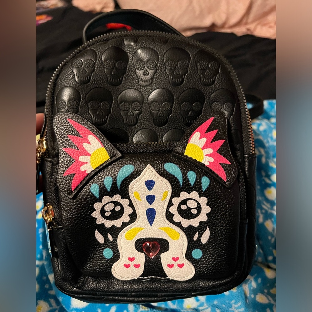 Betsey Johnson mini backpack with skulls and puppy